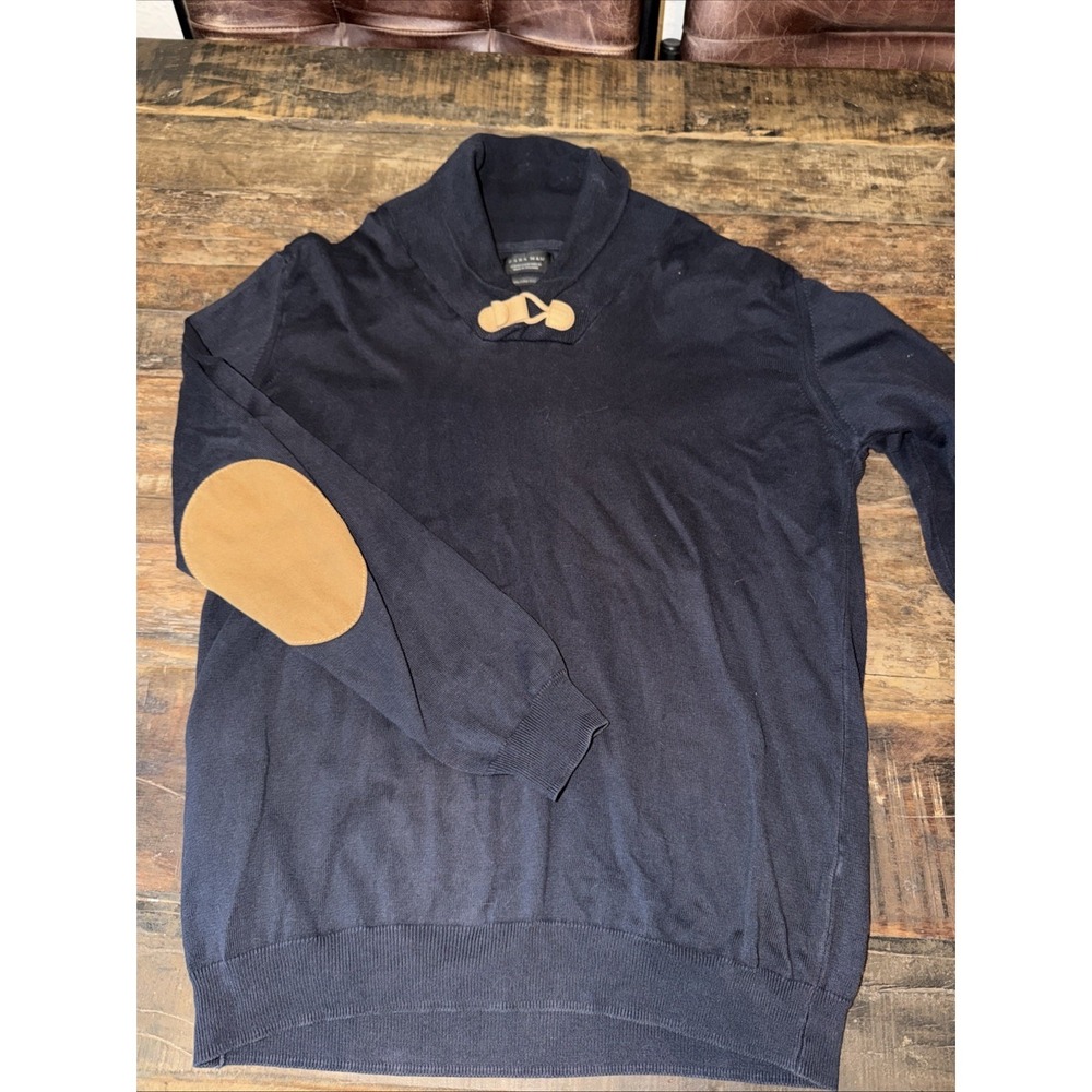 Zara Man Navy Blue Shawl Collar Sweater With Toggle Closure And Elbow Patches M